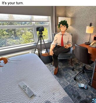 1boy 2girls absurdres black_pants black_socks boku_no_hero_academia brown_hair brown_shoes camera chair closed_mouth collared_shirt english_text freckles gloves green_eyes green_hair hagakure_toru highres indoors invisible khyle. looking_at_viewer male_focus midoriya_izuku multiple_girls necktie pants photo_inset red_necktie scar shirt shoes short_hair smile socks uraraka_ochako white_shirt