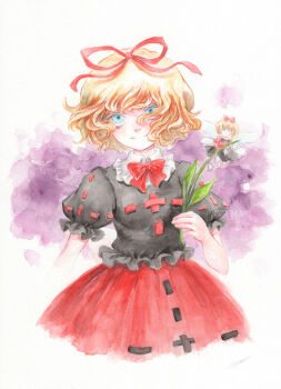 2girls aegyo_sal black_shirt blonde_hair bow bowtie commentary_request contrast_collar cropped_legs fairy fairy_wings flower frilled_sailor_collar frilled_shirt_collar frills hair_bow hair_ribbon highres holding holding_flower johnalay light_smile lily_of_the_valley looking_at_viewer medicine_melancholy multiple_girls painting_(medium) partial_commentary puffy_short_sleeves puffy_sleeves red_bow red_bowtie red_ribbon red_skirt ribbon sailor_collar shirt short_hair short_sleeves skirt su-san touhou traditional_media watercolor_(medium) white_sailor_collar wings