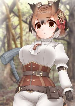 Rule 34 | 1girl, alternate breast size (larger), belt, belt pouch, bird tail, bird wings, black gloves, blouse, breasts, brooch, brown eyes, brown gloves, brown hair, corset, eurasian eagle owl (kemono friends), frilled shirt collar, frills, gloves, goggles, goggles on head, hair between eyes, head wings, highres, jewelry, kemono friends, kemono friends 3, large breasts, light blush, long sleeves, multicolored hair, official alternate costume, owl ears, pouch, shirt, short hair, shorts, sitting, solo, tail, thigh belt, thigh strap, turtleneck, wings, yonkuron