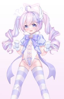 1girl ? ?? absurdres ahoge artist_name blue_archive blush bow clenched_hands commentary_request drill_hair feather_hair_ornament feathers feet_out_of_frame frown gloves gluteal_fold gradient_background groin hair_between_eyes hair_ornament halo highleg highleg_leotard highres leotard long_hair looking_at_viewer magical_girl multicolored_hair open_mouth panties puffy_sleeves purple_bow purple_eyes purple_hair reisa_(blue_archive) reisa_(magical)_(blue_archive) sash short_sleeves side-tie_panties skindentation smile solo star_(symbol) star_hair_ornament star_halo streaked_hair striped_clothes striped_thighhighs thighhighs thighs twintails two-tone_hair underwear white_gloves white_hair white_leotard white_wrist_cuffs wrist_cuffs ya_chuifeng_lai