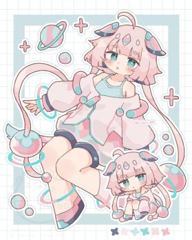 1girl absurdres ahoge bare_shoulders blunt_bangs blush_stickers borrowed_character camisole chibi closed_mouth colon_br commentary_request commission full_body green_camisole green_eyes grid_background highres long_hair long_sleeves looking_at_viewer open_mouth original outline pink_hair pink_shoes pink_shorts shirt shoes shorts skeb_commission twintails twitter_username white_outline white_shirt