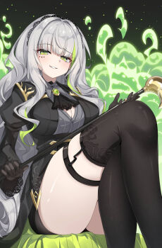 1girl ascot black_ascot black_gloves black_hairband black_thighhighs blunt_bangs breasts buttons cane cleavage commentary crossed_legs dress firenze_(stella_sora) gem gloves green_background green_eyes green_gem green_hair green_streaks grey_hair grin hairband highres holding holding_cane large_breasts light_particles long_hair long_sleeves looking_at_viewer multicolored_hair parted_lips sidelocks sitting smile solo stella_sora streaked_hair thigh_strap thighhighs thighs umou_(may65879) very_long_hair wavy_hair