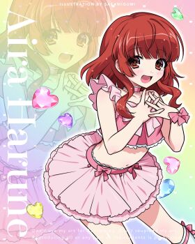 1girl :d blunt_bangs character_name choker commentary_request cowboy_shot cropped_shirt hands_on_own_chest hands_up harune_aira highres layered_skirt long_hair looking_at_viewer miniskirt navel open_mouth pink_choker pink_shirt pink_skirt pretty_rhythm pretty_rhythm_aurora_dream pretty_series red_eyes red_hair sasamigumi shirt skirt smile solo standing zoom_layer