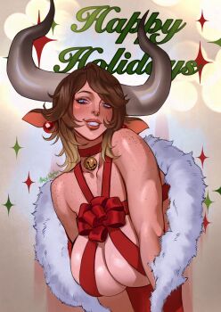 1girl akira_raikou blonde_hair blue_eyes blush body_freckles bow breasts brown_hair christmas christmas_lights colored_tips cow_girl earrings face_piercing freckles gift gift_wrapping hanging highres huge_breasts jewelry looking_at_viewer medium_hair multicolored_hair nose_piercing original piercing pinup_(style) skindentation smile solo swept_bangs thick_lips wavy_hair wrapped_up