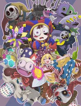 2girls absurdres american_flag_dress american_flag_legwear animatronic asymmetrical_gloves bittergiggle blacephalon blonde_hair blush_stickers bow brown_hair character_request clown clownpiece commentary_request copyright_request deltarune dimentio fangs five_nights_at_freddy's five_nights_at_freddy's:_secret_of_the_mimic garten_of_banban gen_7_pokemon gloves haruuuu1185_(kubaharu) hat highres holding holding_microphone holding_weapon jackie_in_the_box jester_cap jevil kirby_(series) mario_(series) marx_(kirby) microphone mismatched_gloves multicolored_eyes multiple_girls nintendo one_eye_closed open_mouth paper_mario pokemon pokemon_(creature) pomni_(the_amazing_digital_circus) poppy_playtime prototype_(poppy_playtime) purple_eyes red_bow robot sharp_teeth smile super_paper_mario teeth the_amazing_digital_circus tongue tongue_out touhou trait_connection ultra_beast utdr_(toby_fox) weapon