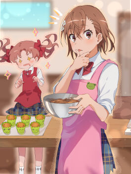 +_+ 2girls animal_print anime_coloring apron baking bow bowl bowtie brown_eyes brown_hair chocolate ci31205 collared_shirt commentary_request cupcake food frog_print gekota grey_skirt hair_bow highres holding holding_bowl indoors licking licking_finger long_hair looking_at_viewer misaka_mikoto mixing_bowl multiple_girls no_jacket pink_apron plaid_clothes plaid_skirt red_apron red_bow red_bowtie school_uniform shirai_kuroko shirt short_hair skirt socks toaru_kagaku_no_railgun toaru_majutsu_no_index tokiwadai_school_uniform twintails white_shirt white_socks winter_uniform
