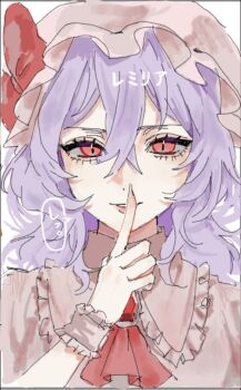 1girl ascot blue_hair character_name close-up collared_shirt commentary_request finger_to_mouth frilled_shirt_collar frills hair_between_eyes hat hat_ribbon highres kitunegasak mob_cap parted_lips pink_hat pink_shirt red_ascot red_eyes red_ribbon remilia_scarlet ribbon shirt short_hair simple_background solo speech_bubble touhou white_background wrist_cuffs