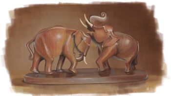 animal_ears border brown_background elephant elephant_ears elephant_tail midorikawa0526 model no_humans original signature statue still_life table tusks white_border wood