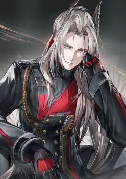 1boy arknights arknights:_endfield black_gloves black_jacket buttons chromatic_aberration closed_mouth commentary_request double-breasted gloves grey_hair hair_ornament hand_up highres hiyaori_(hiyahiyaval) jacket long_hair long_sleeves male_focus pogranichnik_(arknights) sideways_glance solo upper_body yellow_eyes