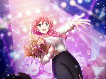 Rule 34 | 1girl, black skirt, bouquet, braid, earrings, flower, game cg, green eyes, grey shirt, hair over shoulder, holding, holding bouquet, jewelry, long hair, long sleeves, looking at viewer, official art, open mouth, pencil skirt, pink hair, plaid clothes, plaid shirt, reaching, reaching towards viewer, screen zoom, shirt, shoujo kageki revue starlight, shoujo kageki revue starlight -re live-, single braid, skirt, solo, spotlight, stage lights, standing, tsuruhime yachiyo, upper body