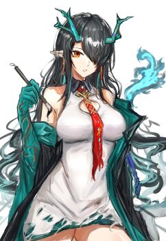 1girl arknights bare_shoulders black_hair blue_hair breasts cleavage_cutout clothing_cutout collared_dress colored_extremities commentary contrast_collar cowboy_shot dragon_girl dragon_horns dress dusk_(arknights) earrings hair_over_one_eye highres holding horns jewelry long_hair looking_at_viewer medium_breasts multicolored_hair necktie one_eye_covered orange_eyes pointy_ears red_necktie sakutein_oekaki short_dress simple_background sleeveless sleeveless_dress solo standing streaked_hair torn_clothes torn_necktie white_background white_dress