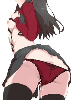 1girl ass black_hair black_skirt black_thighhighs blush breasts butt_crack clothes_lift crotch_seam cum cum_in_clothes cum_in_panties cum_in_pussy cumdrip cumdrip_through_panties fate/stay_night fate_(series) from_behind from_below head_out_of_frame highres lace lace-trimmed_panties lace_trim long_hair medium_breasts morisobo nipples panties red_panties red_sweater self_exposure skindentation skirt skirt_lift solo sweater thighhighs thighs tohsaka_rin underwear wet wet_clothes wet_panties white_background