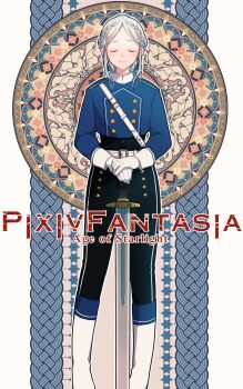 Rule 34 | 1girl, andrea (pixiv fantasia age of starlight), belt, black pants, boots, braid, closed eyes, copyright name, gloves, grey hair, highres, military uniform, pants, pixiv fantasia, pixiv fantasia age of starlight, planted, solo, standing, sword, weapon, white boots, white gloves, yahata hato