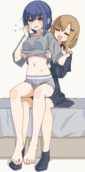 2girls :d absurdres barefoot bed black_sailor_collar black_serafuku black_shirt black_skirt black_socks blue_hair blush_stickers breasts brown_eyes brown_hair closed_eyes clothes_lift commentary_request fang flying_sweatdrops grey_shirt grey_shorts hair_ornament highres kopaka_(karda_nui) lifting_another's_clothes long_sleeves medium_breasts multiple_girls navel neckerchief no_shoes on_bed open_mouth original pleated_skirt ribbed_socks sailor_collar school_uniform serafuku shirt shirt_lift shorts sitting sitting_on_lap sitting_on_person skirt smile socks sweat wavy_mouth white_neckerchief x_hair_ornament yuri
