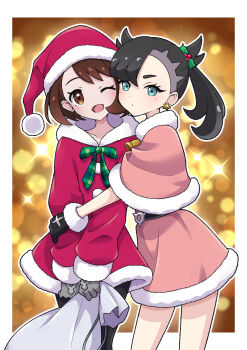 2girls ;d aqua_eyes bag bell black_gloves black_hair black_pantyhose border brown_eyes brown_hair christmas commentary_request dress earrings fur-trimmed_dress fur-trimmed_gloves fur_trim gloria_(pokemon) gloves green_ribbon grey_gloves hat highres holding holding_bag hug jewelry looking_at_viewer marnie_(pokemon) mistletoe_hair_ornament multiple_girls nintendo one_eye_closed open_mouth pantyhose pokemon pokemon_swsh red_dress ribbon santa_costume santa_dress santa_hat smile star_(symbol) star_earrings twintails white_border yellow_background yuu_(jgvj7873)