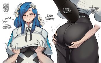 1girl absurdres ass black_dress blue_hair blush breasts closed_eyes closed_mouth commentary commission crop_top dizzy_(guilty_gear) dress english_commentary english_text flower grabbing_another's_ass grabbing_another's_breast groping guilty_gear guilty_gear_strive hair_flower hair_ornament highres large_breasts long_hair long_skirt mature_female multiple_views ocerius pov pov_hands queen_dizzy sidelocks simple_background skirt smile solo speech_bubble swept_bangs tail white_background