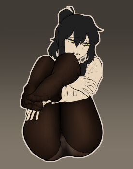 1girl absurdres ass black_hair brown_pantyhose feet grey_background hair_between_eyes highres hugging_own_legs knees_up lazybear012 legs_together long_sleeves looking_to_the_side no_shoes outline panties panties_under_pantyhose pantyhose ponytail renee_graves shirt sidelocks simple_background sitting solo the_coffin_of_andy_and_leyley thighs toes underwear white_outline white_shirt