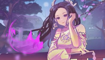 1girl against_railing animification bare_shoulders breasts closed_mouth commentary cosplay detached_sleeves earrings english_commentary evening genshin_impact gohei hair_ornament head_rest holding holding_gohei japanese_clothes jewelry kanako_(fuwachu) leaf long_hair long_sleeves looking_at_viewer medium_breasts nontraditional_miko outdoors pink_lips purple_eyes purple_hair railing ratana_therakulsathit real_life shirt smile solo tree upper_body vision_(genshin_impact) voice_actor voice_actor_connection white_shirt wide_sleeves yae_miko yae_miko_(cosplay)