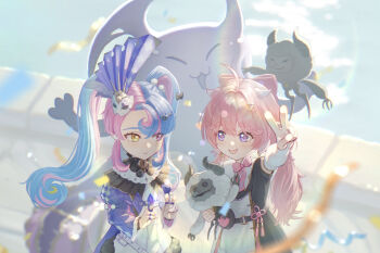 2girls 8k_u ahoge blue_hair bow closed_mouth cloudy_(wuthering_waves) commentary_request cosmos_(wuthering_waves) double_v encore_(wuthering_waves) hair_bow hair_ornament heterochromia highres long_hair looking_at_another multiple_girls open_mouth pero_(wuthering_waves) pink_bow pink_eyes pink_hair purple_eyes roccia_(wuthering_waves) smile thick_eyebrows twintails v wuthering_waves yellow_eyes