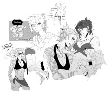 3girls arm_tattoo bare_arms bikini bite_mark bite_mark_on_neck blush breasts carrying chief_(path_to_nowhere) cleavage ear_blush ear_piercing english_text eyewear_on_head female_chief_(path_to_nowhere) fireman&#039;s_carry greyscale hair_up hand_under_clothes highres large_breasts medium_breasts monochrome multiple_girls nightingale_(path_to_nowhere) owaarumo parted_lips path_to_nowhere piercing sandals sarong shorts shoulder_tattoo sparkle speech_bubble sunglasses sweat swimsuit tattoo toned toned_female yuri zoya_(path_to_nowhere)