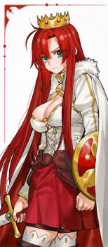 1girl boudica_(fate) boudica_(third_ascension)_(fate) breasts cape cleavage closed_mouth commentary crown earrings fate/grand_order fate_(series) green_eyes highres jewelry juliet_sleeves kamisato_sora large_breasts long_hair long_sleeves looking_at_viewer o-ring o-ring_top puffy_sleeves red_hair shield shrug_(clothing) simple_background solo thighhighs thighs