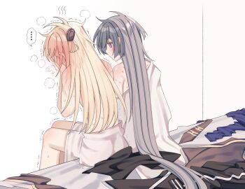 2girls aftersex black_necktie blonde_hair blush breasts brown_necktie collared_dress couple dress duel_monster ear_blush emptyayya gloves grey_hair head_steam highres implied_sex long_hair long_sleeves multiple_girls necktie simple_background sky_striker_ace_-_raye sky_striker_ace_-_roze sweat twintails two-tone_dress white_background yu-gi-oh! yuri