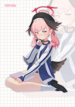 1girl alternate_costume artist_name beret black_hat black_outline black_wings blue_archive blue_buruma blush book buruma chinese_commentary commentary_request feathered_wings from_side grid_background gym_shirt halo hand_up hat head_wings highres jacket koharu_(blue_archive) lemon_tea_(15058751917) long_hair long_sleeves looking_at_viewer low_wings open_clothes open_jacket outline pink_eyes pink_hair pink_halo red_halo shirt sitting socks solo track_jacket twintails wariza white_socks winged_halo wings zoom_layer