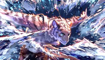 1boy animal_ears artist_name blue_eyes closed_mouth commentary_request furry furry_male glowing highres ice jewelry looking_at_viewer male_focus necklace original outstretched_arms pants solo spread_arms tiger_boy tiger_ears tiger_stripes topless_male white_fur wincalblanke