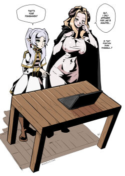 Rule 34 | 2girls, black cape, blonde hair, boots, breasts, brown boots, cape, capelet, commentary, computer, covered erect nipples, covered navel, dress, earrings, egosearching, english commentary, frieren, green eyes, grey eyes, highres, horns, impossible clothes, impossible dress, jewelry, kukuruyo, laptop, large breasts, long hair, long sleeves, multiple girls, open mouth, pointing, pointing at object, pointy ears, simple background, skin tight, sousou no frieren, surprised, sword demon hag (sousou no frieren), table, taut clothes, taut dress, twintails, white background, white capelet, white dress, white hair