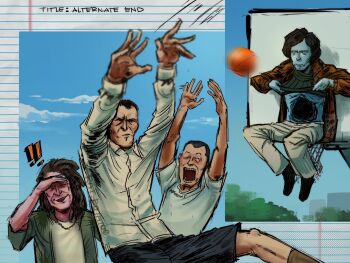 ! !! 4boys amogus_guy_(no_i'm_not_a_human) arms_up ball basketball basketball_(object) black_hair black_shorts blue_skin brown_coat coat coat_guy_(no_i'm_not_a_human) colored_skin deadpan green_jacket green_sweater highres jacket male_focus medium_hair multiple_boys no_i'm_not_a_human one_eye_closed open_mouth outdoors parody ratpotato0 shirt short_hair shorts sketch stoner_(no_i'm_not_a_human) sweater bar_guy_(no_i'm_not_a_human) white_shirt