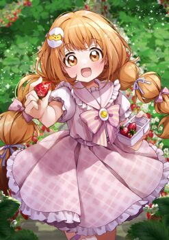 1girl absurdres bandaid_on_thigh belt blush bow bowtie braid cowboy_shot egg_hair_ornament field food food-themed_hair_ornament frilled_sailor_collar frills fruit gem hair_ornament highres holding holding_food holding_fruit kirara_tamako kirara_tamako_(2nd_costume) light_particles long_hair looking_at_viewer low_twin_braids nanachacof nijisanji no_jacket open_mouth orange_eyes orange_hair petticoat pink_belt pink_bow pink_bowtie pink_skirt plaid_clothes plaid_skirt pleated_skirt puffy_short_sleeves puffy_sleeves sailor_collar shirt shirt_tucked_in short_sleeves skirt smile solo standing strawberry striped_bow striped_bowtie striped_clothes twin_braids virtual_youtuber white_sailor_collar white_shirt yellow_gemstone