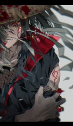 Rule 34 | 1boy, akatsuki uniform, amo0617, black hair, blood, blood on hat, commentary request, hair between eyes, hand on own arm, jewelry, letterboxed, long hair, looking at viewer, male focus, naruto, naruto (series), red eyes, ring, sharingan, solo, teeth, torn clothes, translation request, uchiha itachi, uniform