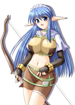 1girl 2000s_(style) belt black_gloves blue_eyes blue_hair bow_(weapon) breasts brown_shirt brown_shorts brown_skirt commentary_request cowboy_shot crop_top cropped_jacket elbow_gloves fingerless_gloves gloves green_belt holding holding_bow_(weapon) holding_weapon hunter_(ragnarok_online) jacket large_breasts long_hair long_pointy_ears looking_at_viewer maid_headdress midriff miniskirt nagumo_yuuki navel open_mouth pointy_ears ragnarok_online shirt short_shorts short_sleeves shorts shorts_under_skirt simple_background skirt smile solo weapon white_background white_jacket