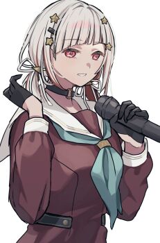 1girl aqua_neckerchief black_choker black_gloves brown_dress choker clenched_teeth colored_inner_hair commentary diagonal_bangs dress gloves hair_ornament hair_ribbon hairclip half_gloves hasu_no_sora_school_uniform highres holding holding_microphone lilac_(li_lac_3) link!_like!_love_live! long_sleeves love_live! low_twintails medium_hair microphone multicolored_hair neckerchief o-ring o-ring_choker official_alternate_hairstyle on_your_mark_(love_live!) pink_eyes red_hair revision ribbon sailor_collar sailor_dress school_uniform short_twintails simple_background solo star_(symbol) star_hair_ornament streaked_hair teeth triangle_hair_ornament twintails upper_body virtual_youtuber white_background white_hair white_ribbon white_sailor_collar winter_uniform yugiri_tsuzuri