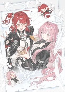 2girls absurdres ahoge angel apple_pie arknights black_coat chibi chinese_commentary coat commentary_request cross cross_earrings earrings exusiai_(arknights) exusiai_the_new_covenant_(arknights) food halo highres holding holding_food ice_cream jewelry lemuen_(arknights) long_hair multiple_girls open_clothes open_coat pie pink_eyes pink_hair red_hair side_ponytail sidelocks v wings xiongmao_renjian yellow_eyes