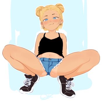 1girl ass black_shoes blonde_hair blue_eyes blush camisole denim denim_shorts double_bun earrings fang fang_out full_body hair_bun jewelry loli looking_at_viewer midriff navel okymir one-piece_tan original shoes short_hair short_shorts shorts smile sneakers solo spread_legs squatting tan tank_top tanline