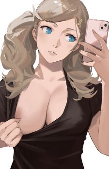 1girl absurdres black_shirt blonde_hair blouse blue_eyes breasts cleavage clothes_pull female_focus hair_ornament highres j@ck large_breasts lips nipple_slip nipples persona persona_5 selfie shirt shirt_pull simple_background smile solo takamaki_anne twintails upper_body white_background