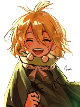 1boy antenna_hair blonde_hair blush capelet child cloak closed_eyes dr._stone eerika1114 facing_viewer green_capelet green_cloak hair_between_eyes highres male_focus open_mouth short_hair signature smile solo suika_(dr.stone) teeth upper_body upper_teeth_only white_background