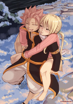 1boy 1girl absurdres artist_name bare_legs barefoot black_coat black_sandals blonde_hair carrying coat commentary english_commentary fairy_tail hetero highres joshdinobarney long_hair lucy_heartfilia natsu_dragneel pants piggyback pink_hair pink_sweater sandals short_hair single_sleeve snow sweater twintails walking white_pants