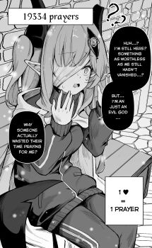 Rule 34 | 1girl, ?, ??, absurdres, bandage over one eye, bench, clover dot (clov erd), commentary, english commentary, english text, greyscale, highres, horns, jacket, long hair, long sleeves, monochrome, nervous sweating, on bench, one eye covered, open mouth, original, pants, pointy ears, sitting, solo, speech bubble, sweat, sweatdrop, track jacket, track pants, wide-eyed