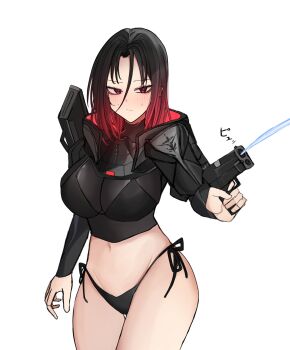 1girl armor bikini bikini_bottom_only black_armor black_hair blush breasts cowboy_shot elysion_harper_(nikke) goddess_of_victory:_nikke highres holding holding_water_gun large_breasts long_hair mole mole_on_cheek multicolored_hair pauldrons purple_eyes rebanira0330 red_hair shoulder_armor side-tie_bikini_bottom solo swimsuit two-tone_hair water_gun white_background