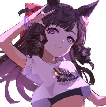 1girl \m/ animal_ears arm_up bow brown_hair crop_top daiichi_ruby_(umamusume) drill_hair flat_chest floating_hair flower hair_bow hair_flower hair_ornament horse_ears light_blush long_hair nos_(nos_tsn) purple_eyes shirt short_sleeves simple_background smile solo split_mouth sports_bra uma_summer_(umamusume) umamusume upper_body white_background white_shirt wristband