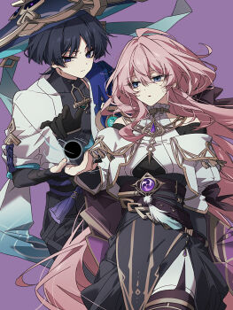 1boy 1girl absurdres adam's_apple ahoge anemo_symbol_(genshin_impact) aqua_gem armor artist_request belt bishounen black_belt black_bodysuit black_bow black_bridal_gauntlets black_gloves black_hair black_hole black_pantyhose black_shorts black_skirt black_sleeves blue_cape blue_eyes blue_hat blue_jingasa blue_kimono blue_sleeves blunt_ends bodysuit bow breasts bridal_gauntlets bright_pupils cape character_request closed_mouth clothing_cutout commission couple covered_collarbone cropped_jacket electro_symbol_(genshin_impact) empty_eyes eyelashes eyeliner fingernails fringe_trim furisode gem genshin_impact gloves gold gold_collar gold_thighlet gold_trim hakama hakama_shorts hat hetero highres huge_ahoge jacket japanese_armor japanese_clothes jewelry jingasa juban kimono kote kurokote layered_skirt layered_sleeves long_hair long_sidelocks long_sleeves looking_at_object makeup mandarin_collar medium_breasts oc_x_canon open_clothes open_hand open_kimono original pantyhose parted_bangs parted_lips pelvic_curtain pink_hair pleated_shorts purple_background purple_eyes purple_gem purple_rope purple_sash raised_eyebrow red_eyeliner ribbed_shirt rope sash scaramouche_(genshin_impact) second-party_source shirt short_over_long_sleeves short_sleeves shorts shoulder_cutout shoulder_peek side_cape side_slit sidelocks skirt split_mouth tassel thighlet tsurime uneven_eyes very_long_hair vision_(genshin_impact) wanderer_(genshin_impact) white_jacket white_kimono white_pupils white_skirt white_sleeves wind wispy_bangs