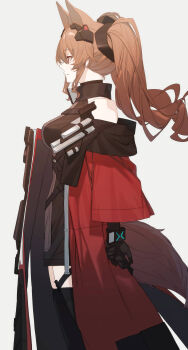 1girl absurdres alternate_breast_size_(larger) angelina_(arknights) animal_ears arknights arknights:_endfield bare_shoulders black_dress black_gloves black_thighhighs bracelet breasts brown_hair coat commentary dress elbow_gloves floating_hair fox_ears fox_girl fox_tail from_side gilberta_(arknights) gloves hair_between_eyes high_collar highres impossible_clothes impossible_dress infection_monitor_(arknights) jewelry large_breasts long_hair long_sleeves open_clothes open_coat profile raitho red_coat red_eyes simple_background sleeveless sleeveless_dress smile solo symbol-only_commentary tail thighhighs twintails white_background zettai_ryouiki
