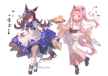 2girls ;d absurdres alternate_costume animal_ears apron black_boots black_sash black_skirt black_wrist_cuffs blue_flower blue_rose blue_shirt blue_skirt blush boots bow brown_hair cherry_blossoms color_guide commentary_request creamer_(vessel) ear_covers enmaided flipped_hair floral_print floral_print_kimono flower food full_body hair_over_one_eye haru_urara_(umamusume) headband headdress highres holding holding_tray horse_ears horse_girl horse_tail japanese_clothes kimono lace-up_boots long_hair long_sleeves looking_at_viewer maid maid_headdress multiple_girls obi omelet omurice one_eye_closed open_mouth pink_eyes pink_flower pink_hair pink_kimono ponytail print_kimono puffy_short_sleeves puffy_sleeves purple_eyes red_headband rice_shower_(umamusume) rose sash shirt short_sleeves simple_background skirt smile synzmayu tail tray twitter_username umamusume wa_maid waist_apron white_apron white_background wide_sleeves wrist_cuffs