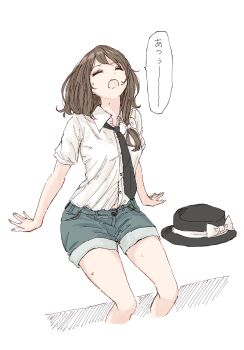 1girl black_hat black_necktie bow brown_hair buttons closed_eyes collar denim denim_shorts facing_up hair_between_eyes hair_bow hand_rest hat hat_bow highres hot kashiwada_kiiho necktie open_mouth shirt short_hair short_sleeves shorts simple_background sitting solo sweat touhou translated unworn_headwear usami_renko white_background white_bow white_collar white_shirt