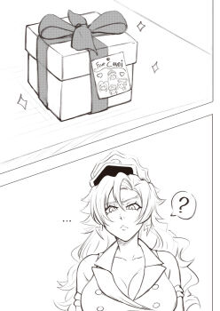 bambietta_basterbine bleach bleach:_sennen_kessen-hen breasts candice_catnipp cleavage confused gift giselle_gewelle hat heart highres liltotto_lamperd long_hair meninas_mcallon military_hat mistowing monochrome quincy_(bleach) shirt sleeveless sleeveless_shirt v-shaped_eyebrows