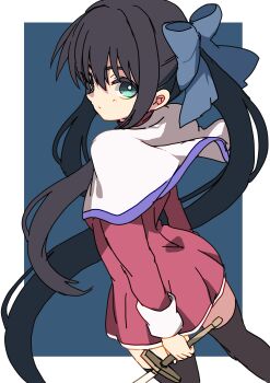 Rule 34 | 1girl, absurdres, black hair, black thighhighs, blue bow, bow, capelet, commentary request, dress, from behind, green eyes, hair between eyes, hair bow, highres, holding, holding sword, holding weapon, inagata, kanon, kawasumi mai, long hair, long sleeves, looking at viewer, looking back, ponytail, red dress, school uniform, solo, sword, thighhighs, weapon, white capelet, zettai ryouiki