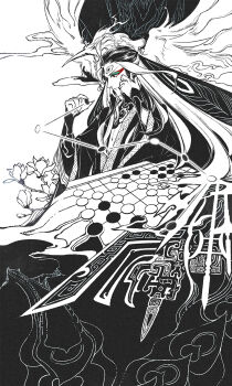 1boy bird creature fate/grand_order fate_(series) flower freki from_side greyscale highres long_hair looking_at_viewer looking_to_the_side male_focus monochrome phoenix shi_huang_di_(fate) solo