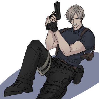 1boy black_boots black_gloves black_pants blonde_hair blue_shirt boots clenched_teeth fingerless_gloves furrowed_brow gloves gun hair_between_eyes handgun highres holding holding_gun holding_weapon holster leon_s._kennedy male_focus neul_vo pants parted_bangs resident_evil resident_evil_4 resident_evil_4_(remake) shirt short_hair short_sleeves solo teeth thigh_holster tight_clothes tight_shirt weapon white_background